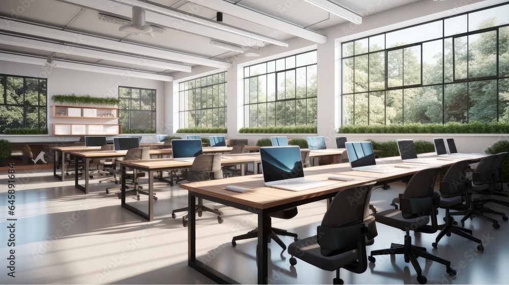 Interior of modern classroom with laptop computers.