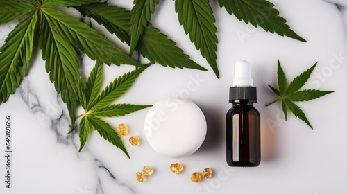 Mockup of cosmetic dropper bottles on a marble table top alongside green cannabis leaves.