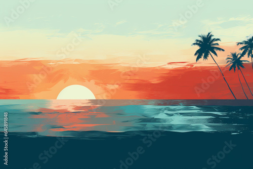 Beautiful sunset on the beach. Vector illustration in flat style