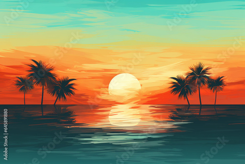 Beautiful sunset on the beach. Vector illustration in flat style