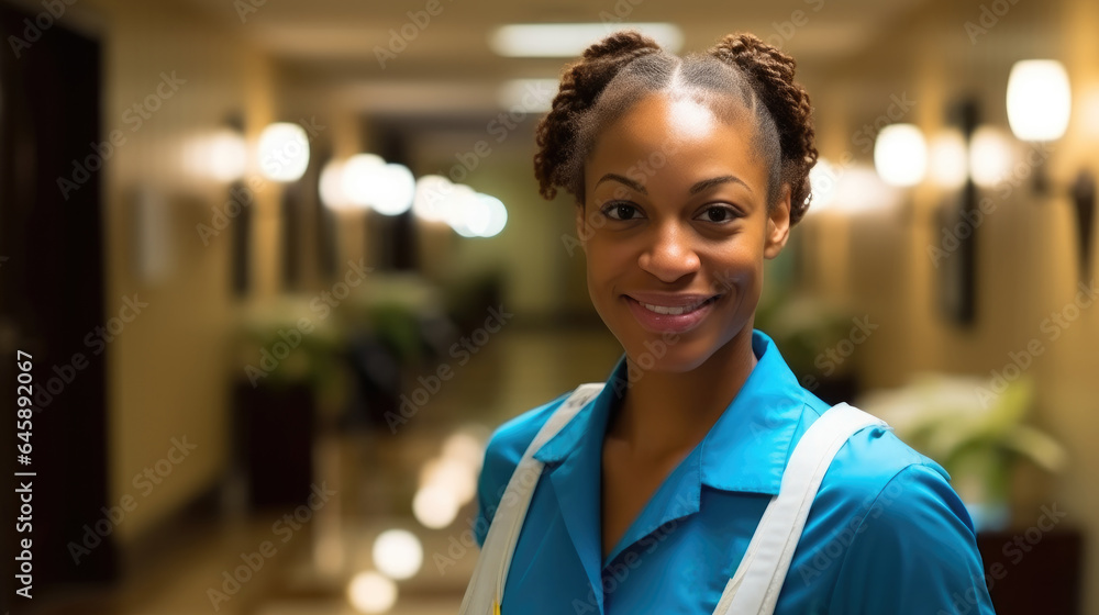 Portrait of African American woman working as a cleaning lady in a hotel. Portrait of African American woman working as a cleaning lady in a hotel.