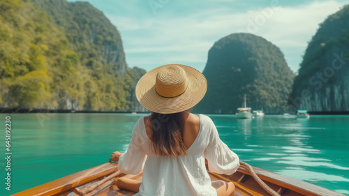 Back view of the young woman in straw hat relaxing on the boat and looking forward into lagoon.generative ai © JKLoma
