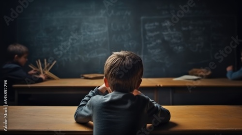 Rear view, Little boy holding his head while sitting in school class against the backdrop of the blackboard.