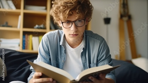 Male teenager wear eyeglasses are reading book while sitting on bed at home, Spending leisure or weekend with books.