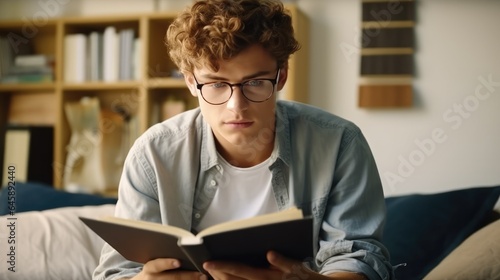 Male teenager wear eyeglasses are reading book while sitting on bed at home, Spending leisure or weekend with books.