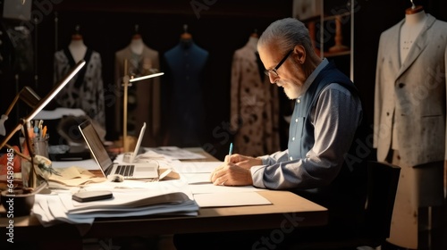 Senior Tailor, Elderly fashion designer picking sewing materials and hand drawn sketches for client commissioned attire.