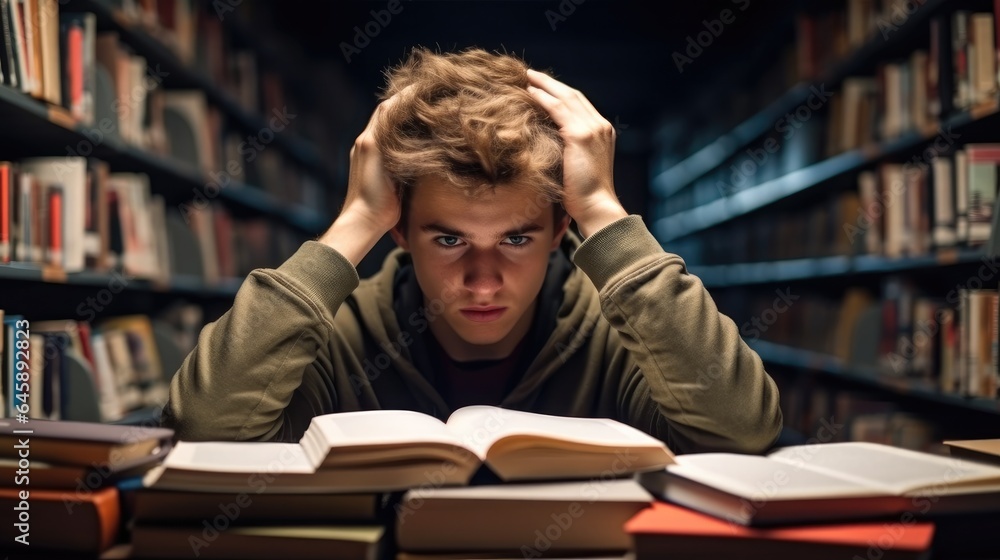 Tired male student holding his head while sitting in library. Tired male student holding his head while sitting in library.
