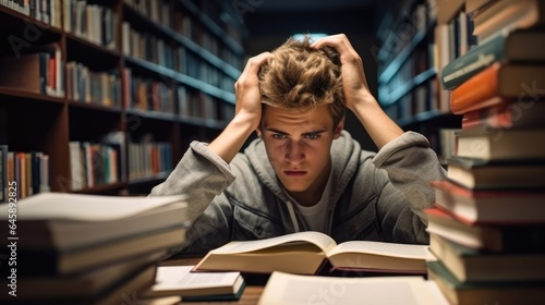 Tired male student holding his head while sitting in library.