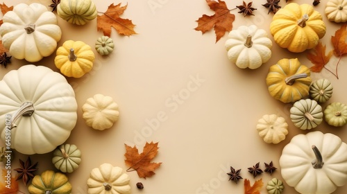 Ripped pumpkins and iconic autumnal elements showcased on a neutral beige background. © visoot