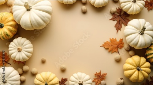 Ripped pumpkins and iconic autumnal elements showcased on a neutral beige background.