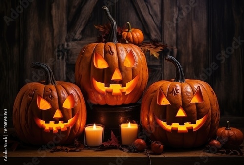 Halloween spooky pumpkin in haunted house on the dark background