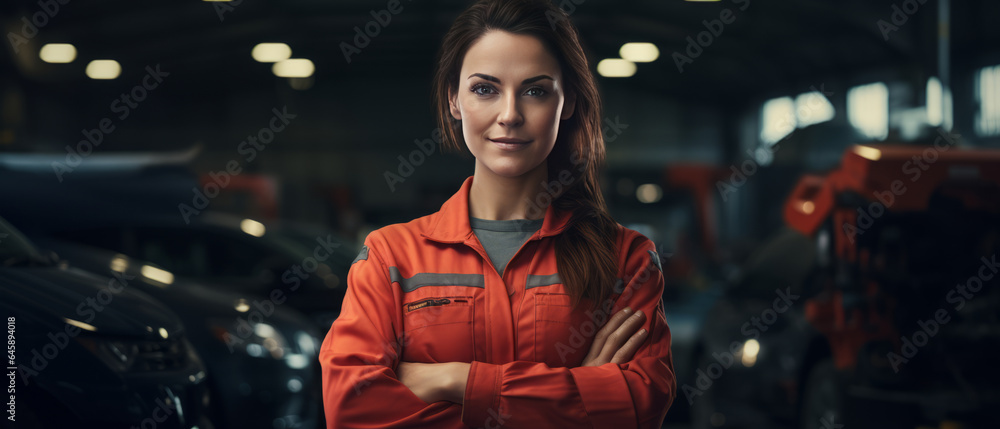 Portrait woman of a skilled car mechanic, worker working repair leaning a vehicle in a garage, Auto car repair service center.generative ai Portrait woman of a skilled car mechanic, worker working repair leaning a vehicle in a garage, Auto car repair service center.generative ai