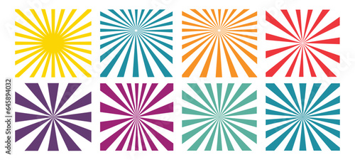 Set of vector sunburst badges. Colored sunburst element radial stripes stickers. Collection of different types of sunburst pattern design photo