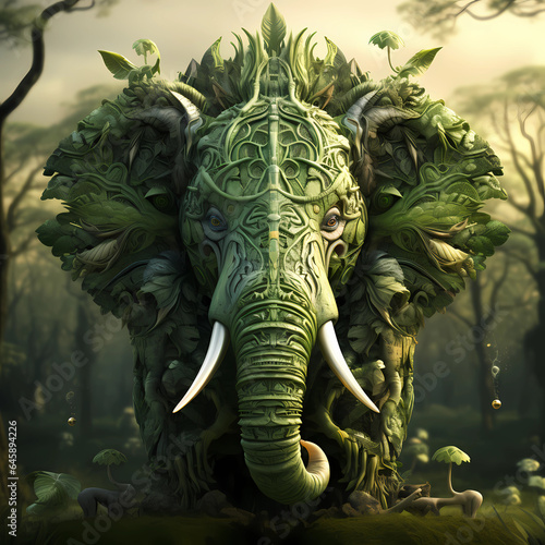 3d illustration of green elephant. looks like statue of ancient religion