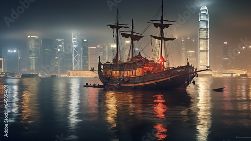 Victoria Harbour Hong Kong night view with junk ship on foreground ,generative ai