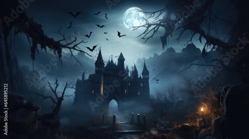 halloween castle under the moonlight. dark night forest full moon. graveyard silhouette halloween abstract background. © StraSyP