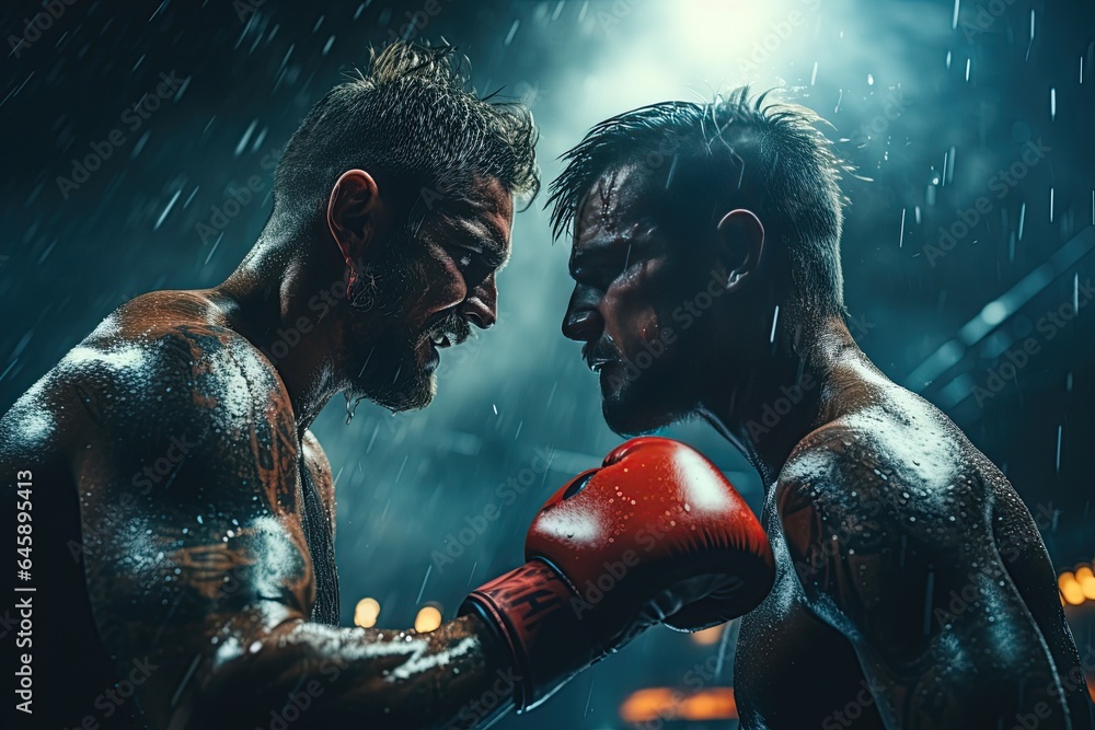 Boxing: Two fighters exchange blows in the center of a boxing ring, under the spotlight's glare. Generated with AI