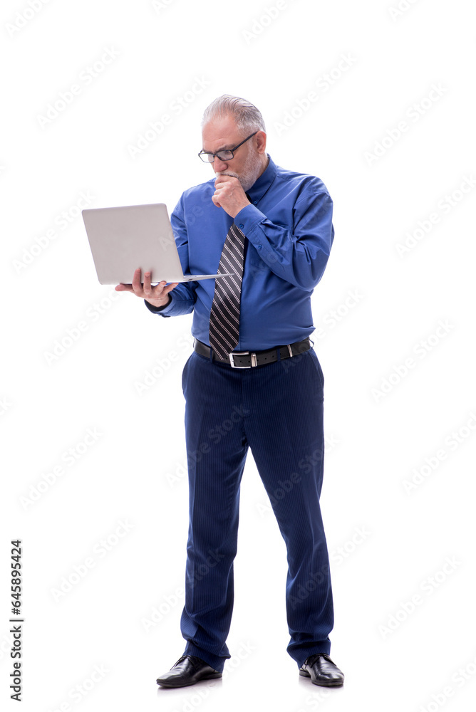 Old businessman holding laptop isolated on white Old businessman holding laptop isolated on white