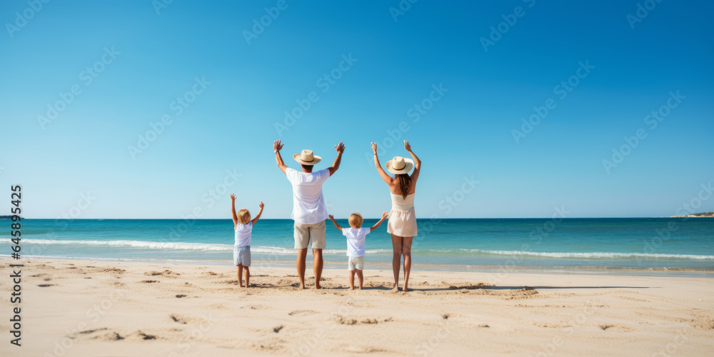 happy family with two kids hands up on the beach generative ai