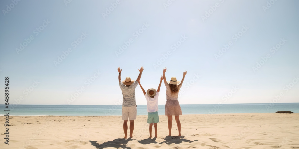 happy family with two kids hands up on the beach generative ai happy family with two kids hands up on the beach generative ai