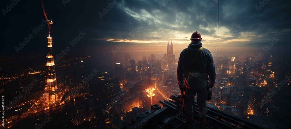 Construction Worker on Skyscraper: A construction worker balances on a high beam, overseeing a towering skyscraper project.Generated with AI Construction Worker on Skyscraper: A construction worker balances on a high beam, overseeing a towering skyscraper project.Generated with AI