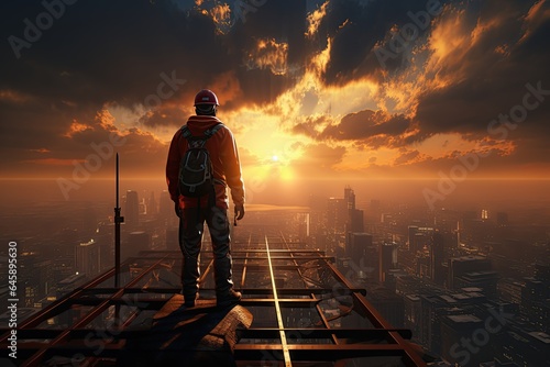 Construction Worker on Skyscraper: A construction worker balances on a high beam, overseeing a towering skyscraper project.Generated with AI © Chanwit