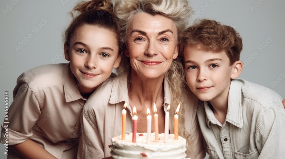 A loving grandma enjoys a birthday moment with grandkids and a cake in a studio. Generative AI A loving grandma enjoys a birthday moment with grandkids and a cake in a studio. Generative AI