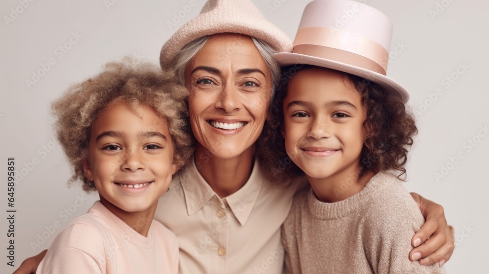 Fototapeta premium Grandmother and grandkids share a happy birthday moment. Generative AI