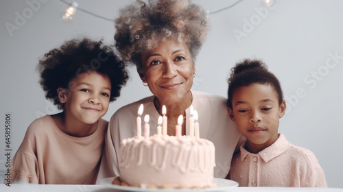 A joyful Afro grandma celebrates her birthday with grandkids and a cake in a studio. Generative AI photo