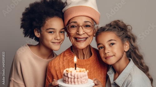 A loving grandma enjoys a birthday moment with grandkids and a cake in a studio. Generative AI