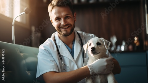 Kind veterinarian men doctor holding labrador puppy for veterinary examination