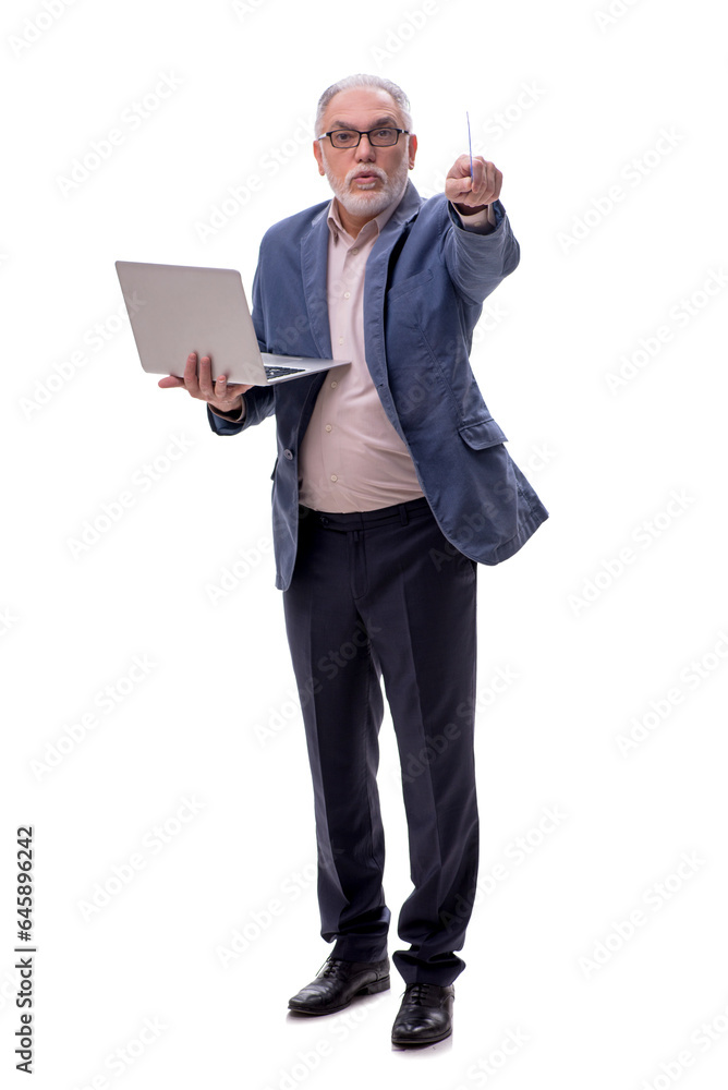 Old businessman with computer isolated on white Old businessman with computer isolated on white