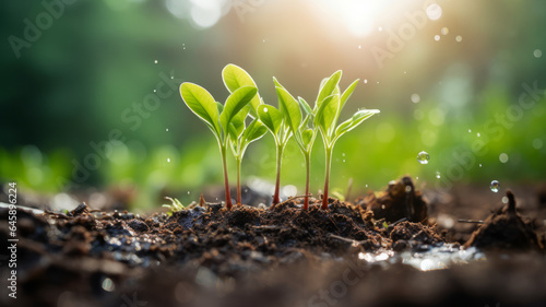 photograph of young plants growing up on ground with raining drop, save world and green green environment concept.generative ai