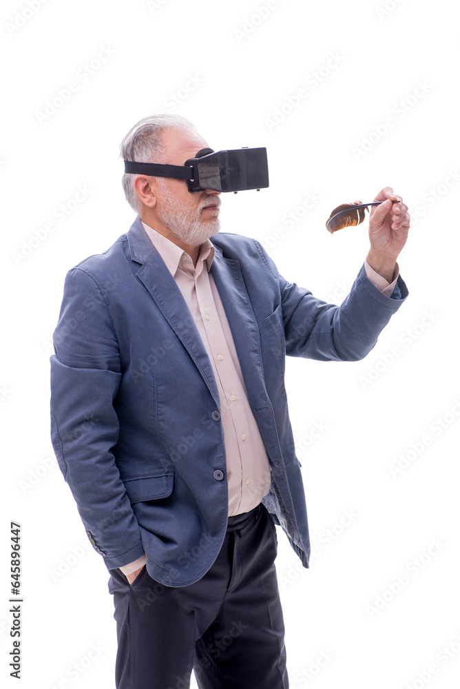 Old male writer wearing virtual glasses isolated on white Old male writer wearing virtual glasses isolated on white