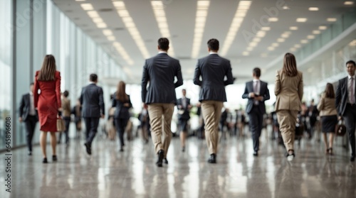 A blur image of busy business people crowd walking at corporate office