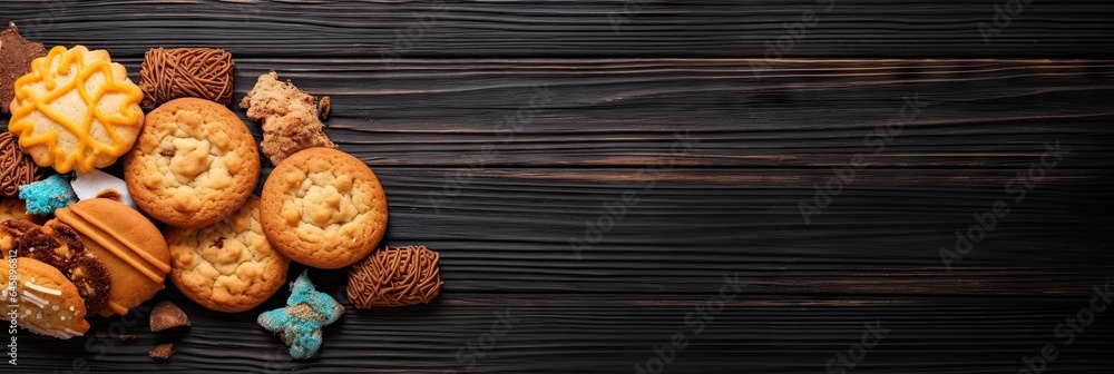 Top view cookies on rustic wooden table with delicious homemade pastries and desserts. Copy space Top view cookies on rustic wooden table with delicious homemade pastries and desserts. Copy space