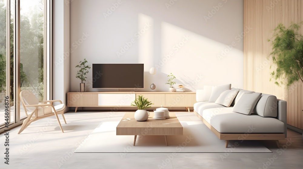 Fototapeta premium modern living room with white and natural wood furniture