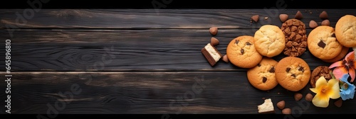 Top view cookies on rustic wooden table with delicious homemade pastries and desserts. Copy space