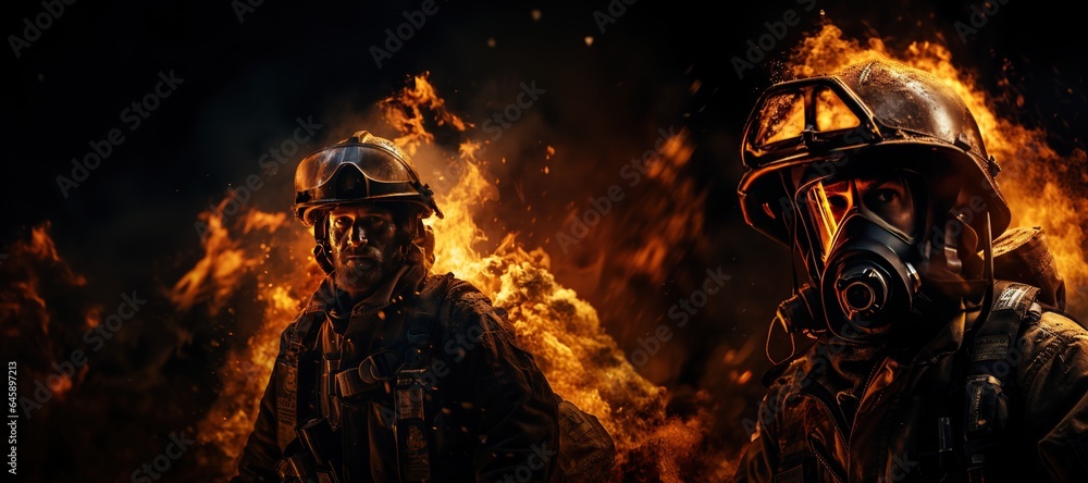 firefighters rescuing a trapped person from a burning building. Generated with AI firefighters rescuing a trapped person from a burning building. Generated with AI