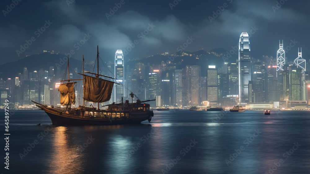 Victoria Harbour Hong Kong night view with junk ship on foreground generative ai