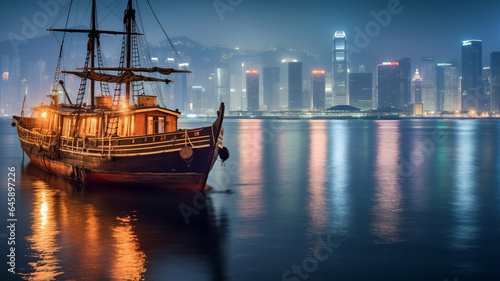 Victoria Harbour Hong Kong night view with junk ship on foreground generative ai