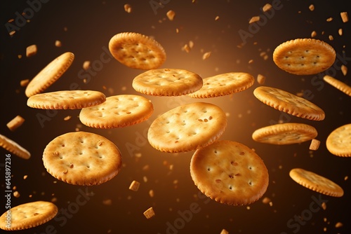 Flying round crackers on dark background․  photo