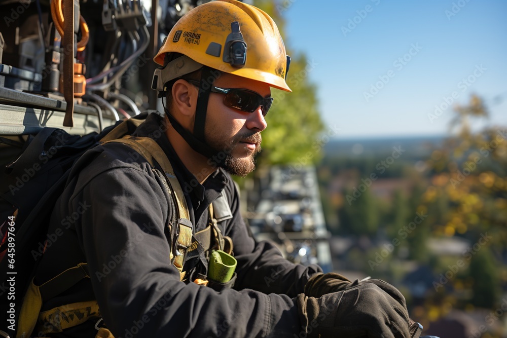 High-Voltage Power Line Technician: A technician works on power lines at great heights, ensuring electricity supply.Generated with AI