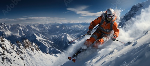 Jumping skier skiing. Extreme sports on mountain,Generated with AI