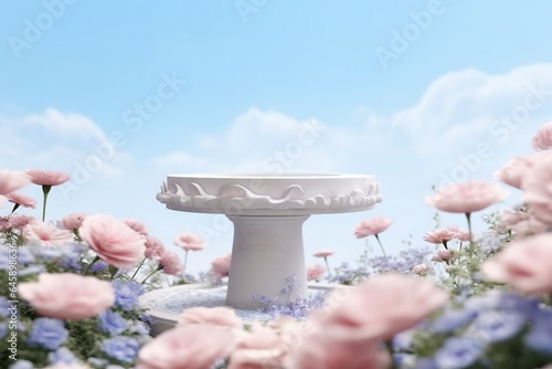Fototapeta Naklejka Na Ścianę i Meble -  Natural beauty podium backdrop with spring rose flower field scene. 3d rendering. generative ai.