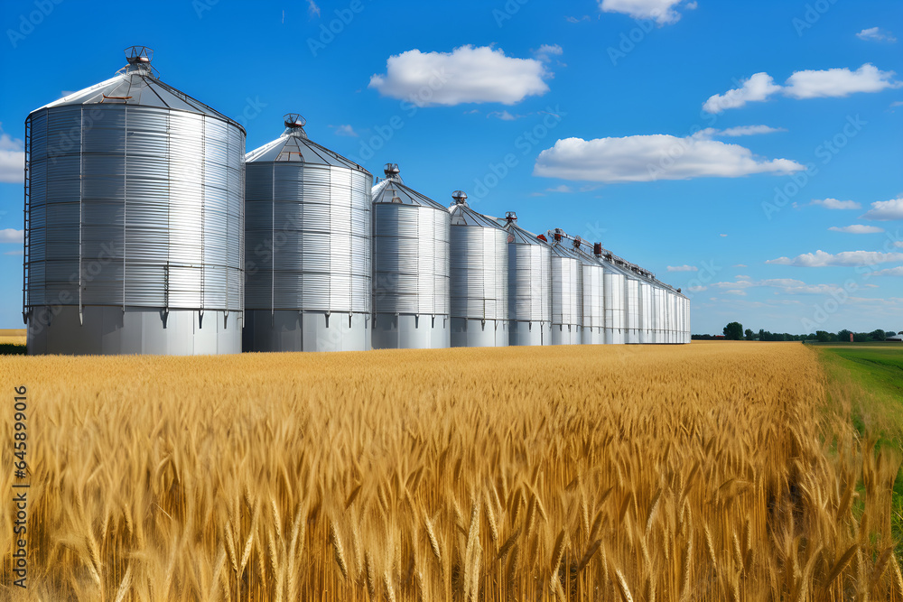 Silos in a wheat field. Storage of agricultural production Silos in a wheat field. Storage of agricultural production