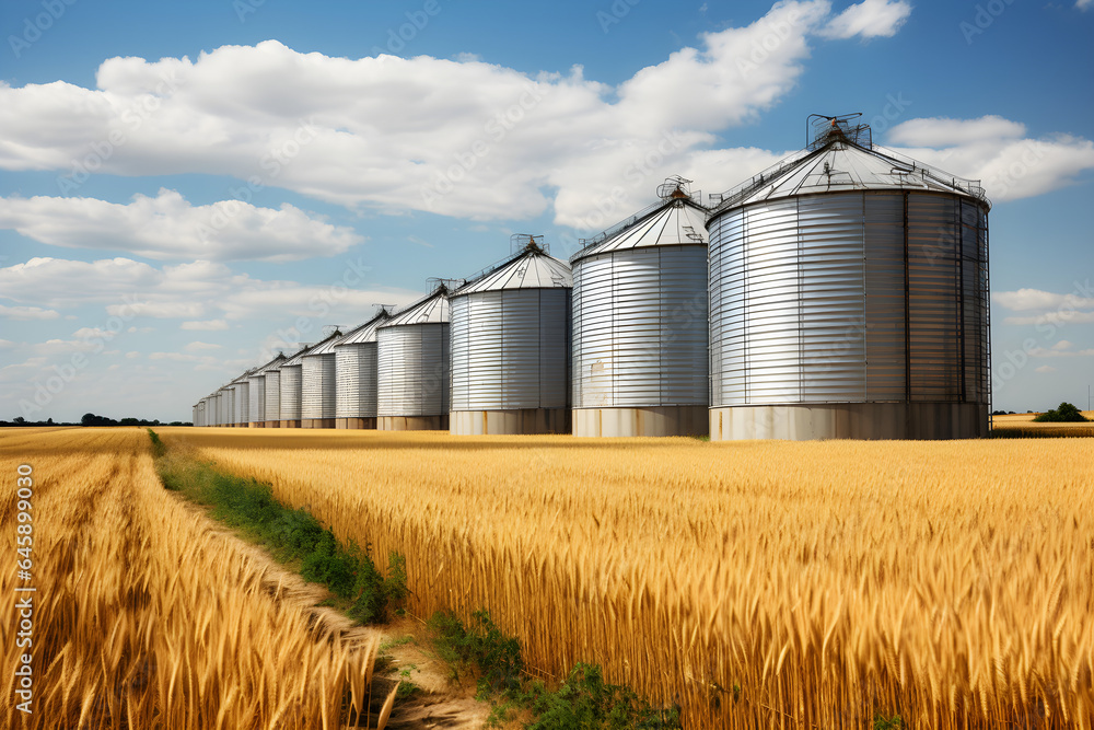 Silos in a wheat field. Storage of agricultural production Silos in a wheat field. Storage of agricultural production