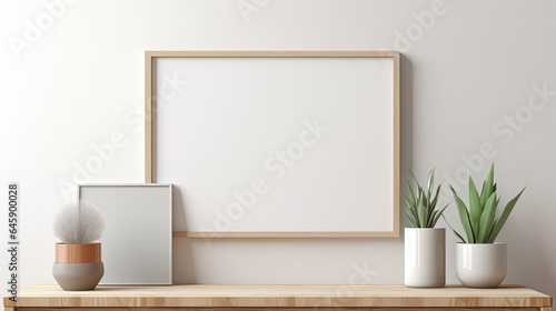Stylish interior of living room with mock up poster frame, wooden commode, book, leaf in ceramic vase and elegant personal accessories. Minimalist concept of home decor. Template.