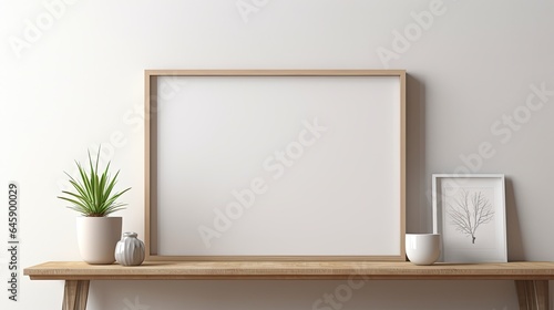 Stylish interior of living room with mock up poster frame, wooden commode, book, leaf in ceramic vase and elegant personal accessories. Minimalist concept of home decor. Template.