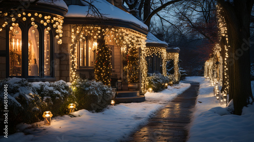 Outdoor Christmas light decorations in a garden